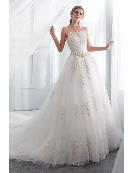 Strapless Lace Tulle Ball Gown Wedding Dress With Gold Applique #E001 ...