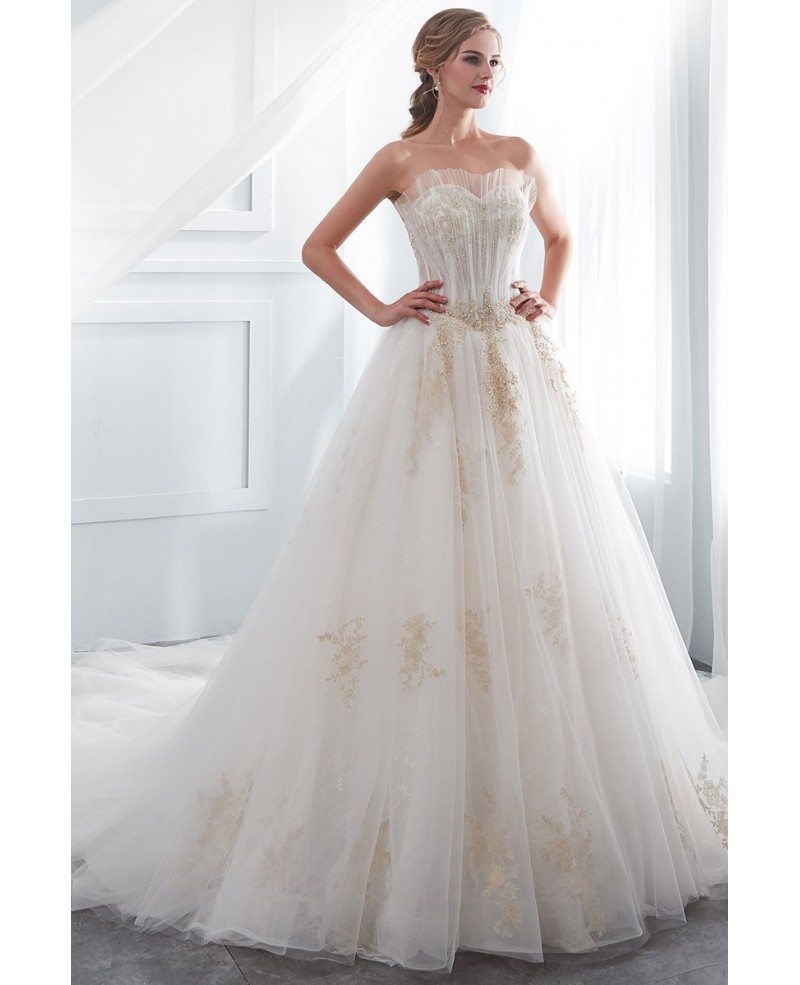 Strapless Lace Tulle Ball Gown Wedding Dress With Gold Applique E001