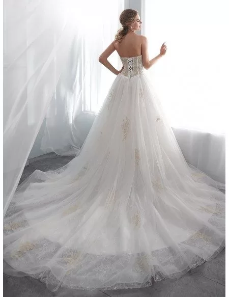 Strapless Lace Tulle Ball Gown Wedding Dress With Gold Applique
