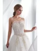 Strapless Lace Tulle Ball Gown Wedding Dress With Gold Applique
