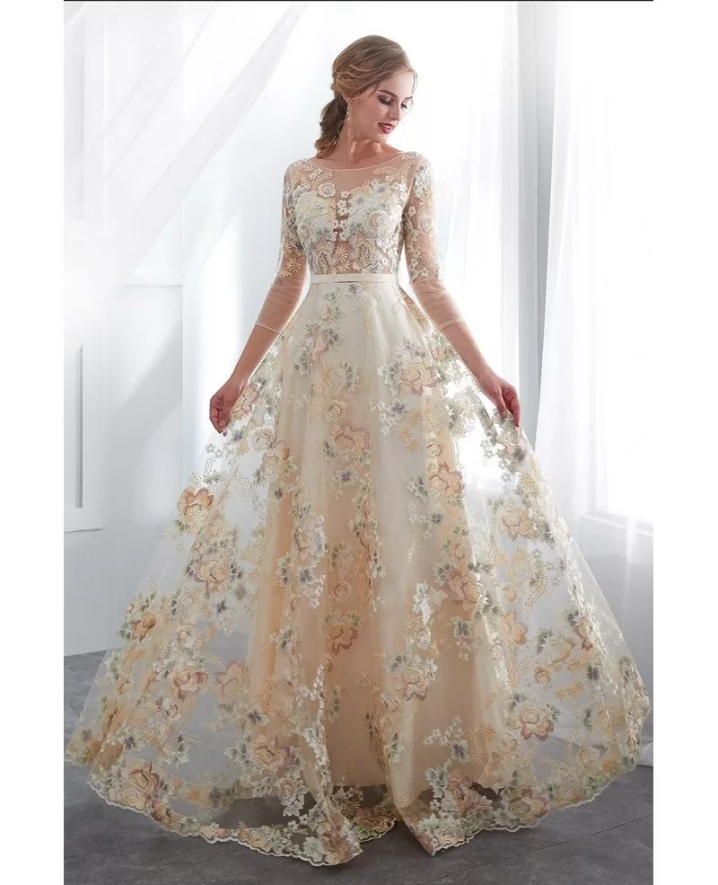 Beautiful Champagne Floral Lace Prom ...