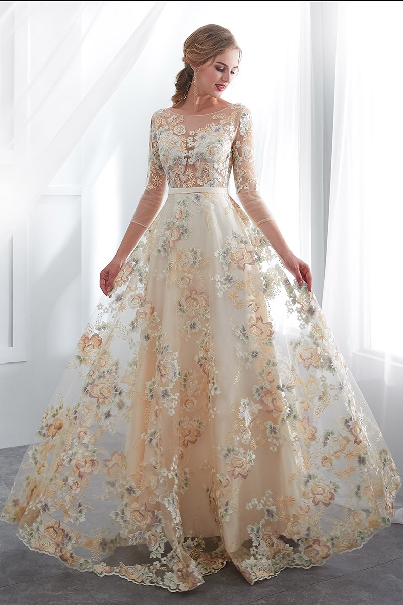 Beautiful Champagne Floral Lace Prom ...