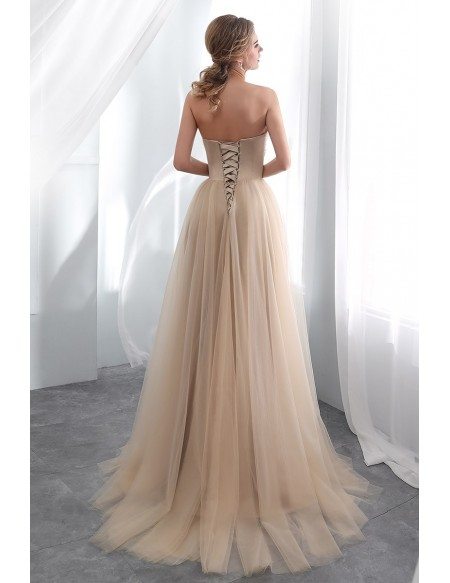 Strapless Champagne Long Tulle Lace Prom Dress With Lace