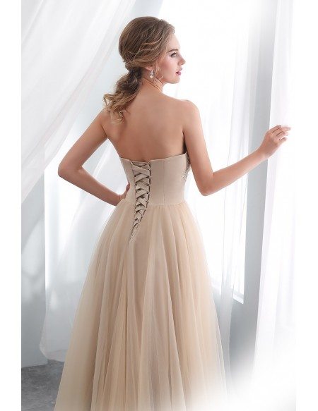 Strapless Champagne Long Tulle Lace Prom Dress With Lace
