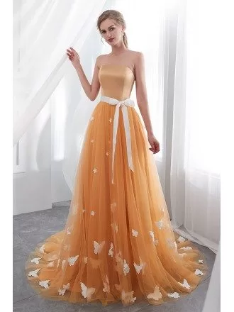 Strapless Long Gold Tulle Prom Dress With Butterfly