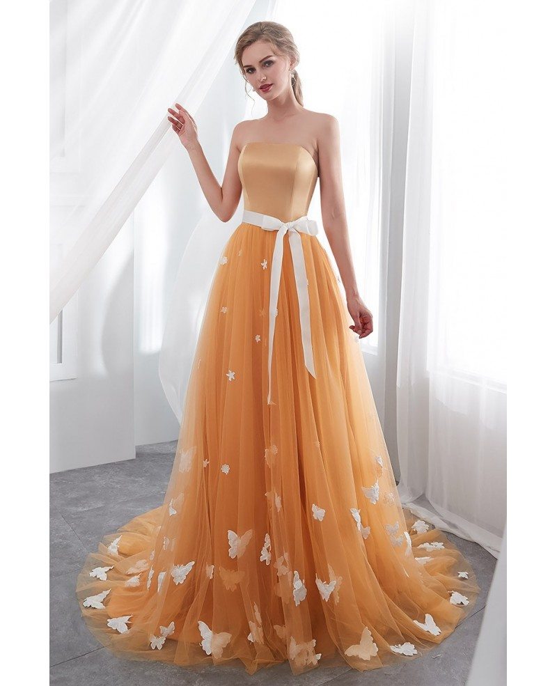 Strapless Long Gold Tulle Prom Dress With Butterfly #E017 