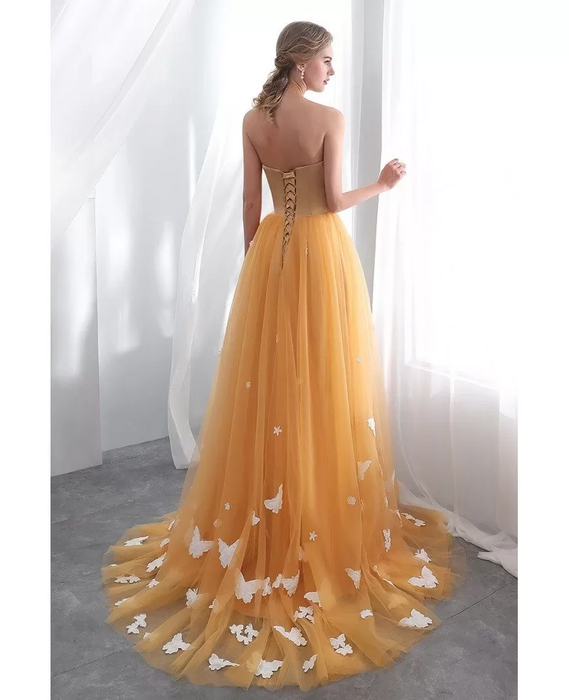 Strapless Long Gold Tulle Prom Dress With Butterfly #E017 - GemGrace.com