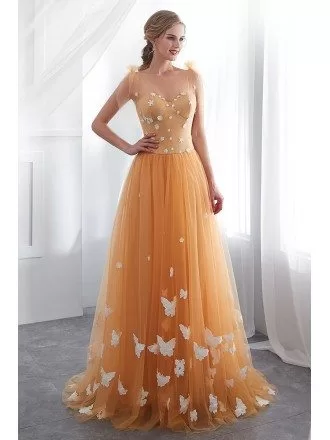 Unique Gold Long Tulle Prom Dress With Butterfly