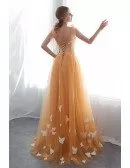 Unique Gold Long Tulle Prom Dress With Butterfly