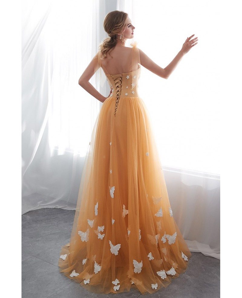 Unique Gold Long Tulle Prom Dress With Butterfly #E014 - GemGrace.com