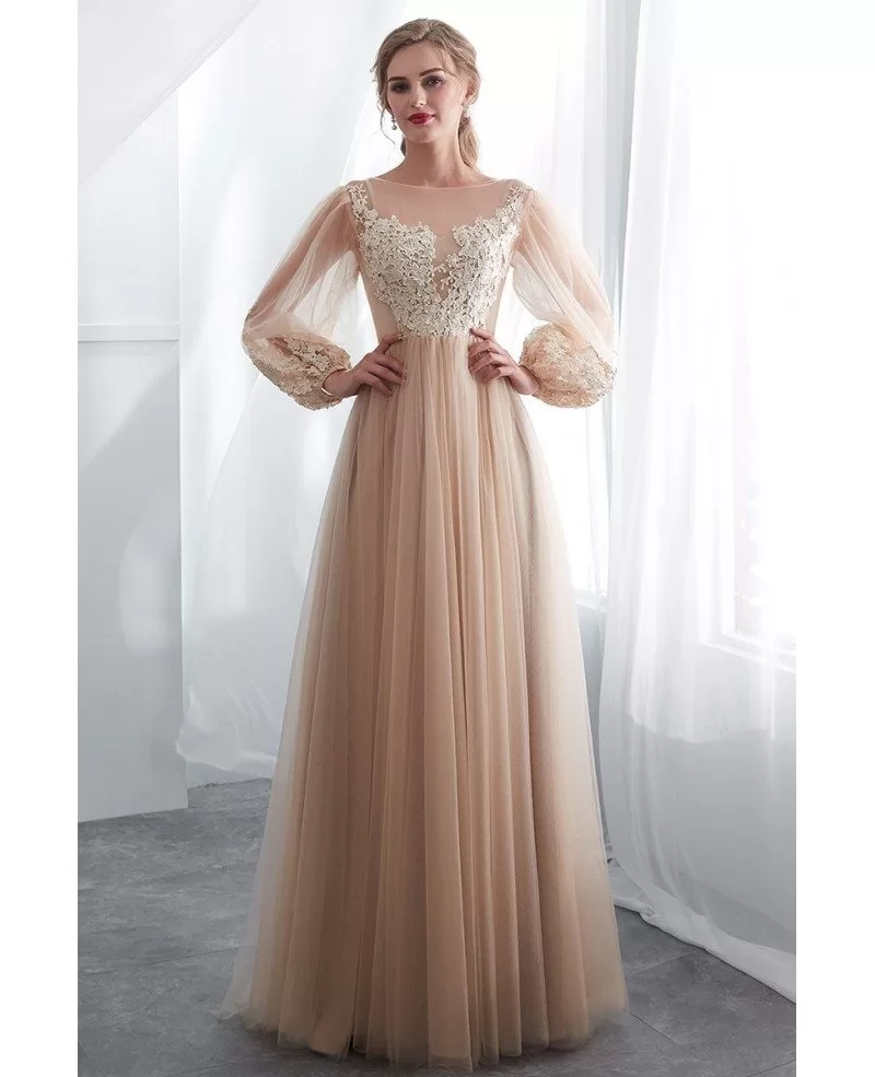 Modest Champagne Long Tulle Lace Party 