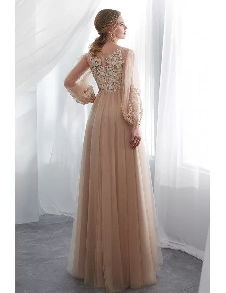 Modest Champagne Long Tulle Lace Party Dress With Fashion Sleeves