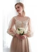 Modest Champagne Long Tulle Lace Party Dress With Fashion Sleeves