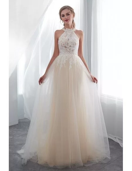 Chic Halter Champagne Long Tulle Wedding Dress With Pearls
