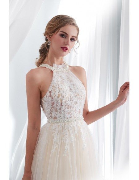 Chic Halter Champagne Long Tulle Wedding Dress With Pearls