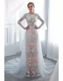 Different Colorful Flower Lace Long Party Dress With Sleeves