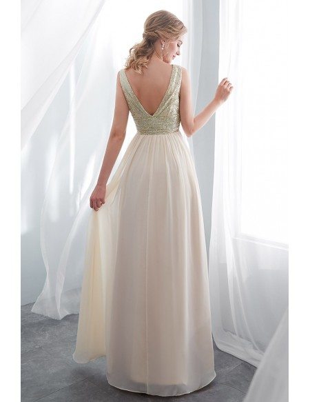 Long Champagne Chiffon Party Dress With Sequin Top