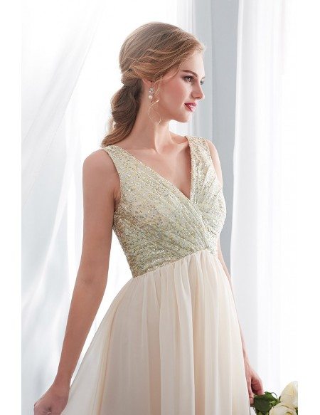 Long Champagne Chiffon Party Dress With Sequin Top