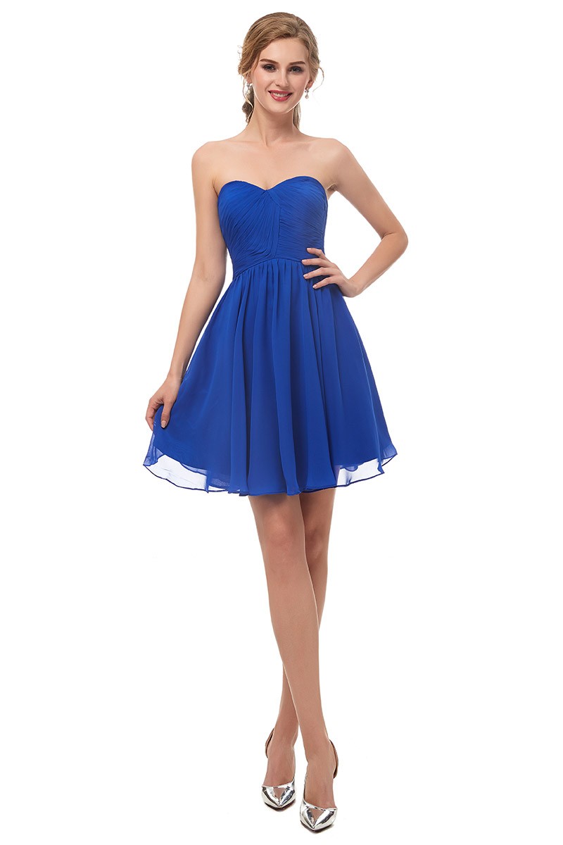 Royal Blue Chiffon Short Bridesmaid Dress Strapless #E023 - GemGrace.com