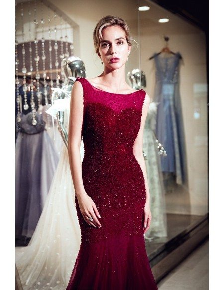 Mermaid Tight Scoop Sequined Burgundy Evening Dress With Different Back