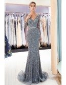 Fitted Mermaid Grey Lace Sequin Formal Dress With Long Sleeves
