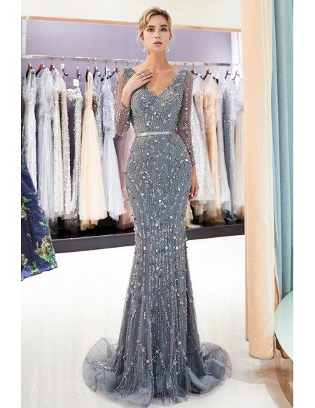 Fitted Mermaid Grey Lace Sequin Formal ...