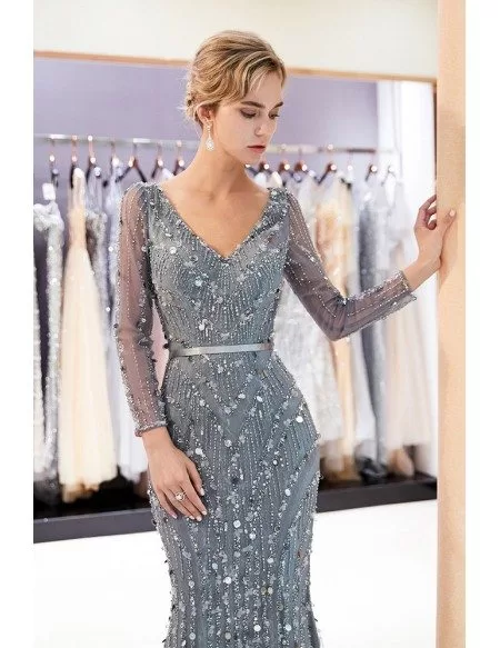 Fitted Mermaid Grey Lace Sequin Formal Dress With Long Sleeves