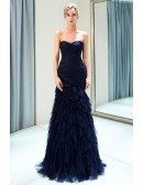 Strapless Sweetheart Dark Navy Cascading Ruffled Prom Dress With Pleated Bodice