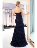 Strapless Sweetheart Dark Navy Cascading Ruffled Prom Dress With Pleated Bodice