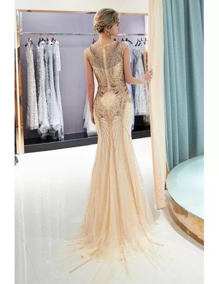 2019 Fitted Gold Mermaid Long Tulle Prom Dress With Sequins