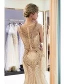 2019 Fitted Gold Mermaid Long Tulle Prom Dress With Sequins