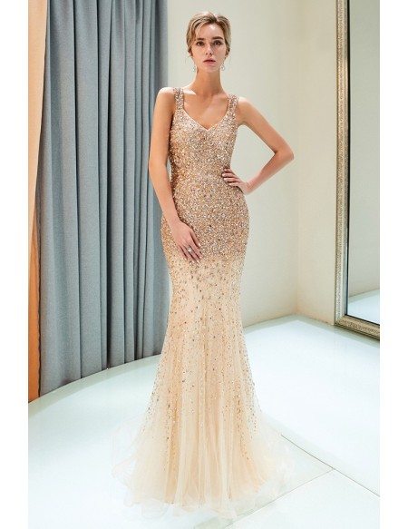 Sparkly Luxury Gold Sequin Mermaid Prom Dress With Straps