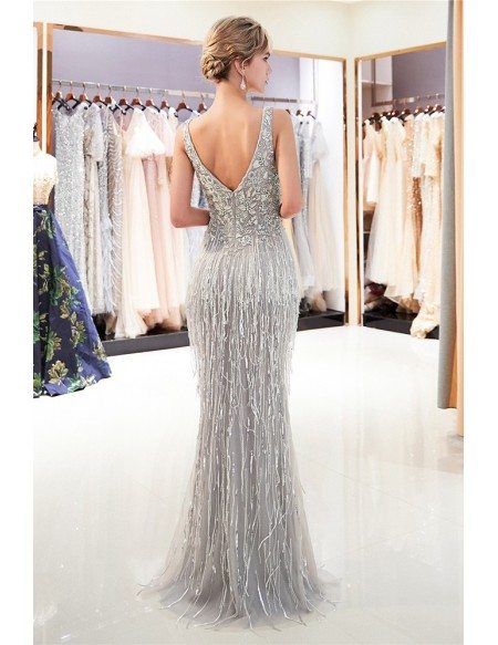 Fitted Grey Mermaid V Neck Prom Dress Sleeveless With Tassels