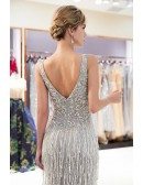 Fitted Grey Mermaid V Neck Prom Dress Sleeveless With Tassels