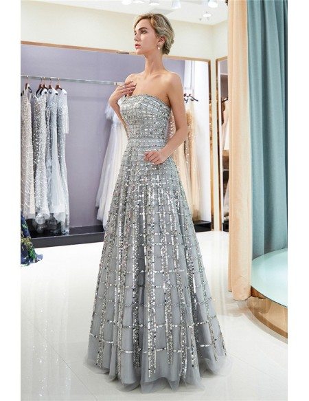 Shining Strapless Grey Long Formal Dress Unique For Woman 2019