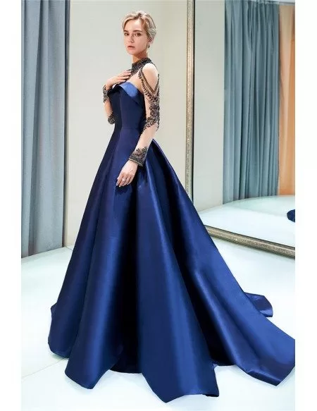 Navy Blue Long Sleeve Beaded Formal Evening Gown With Sheer Top