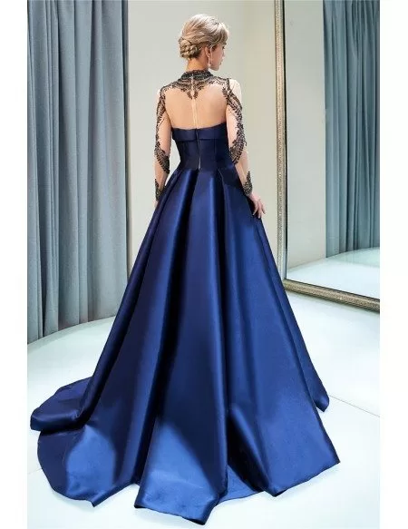 Navy Blue Long Sleeve Beaded Formal Evening Gown With Sheer Top