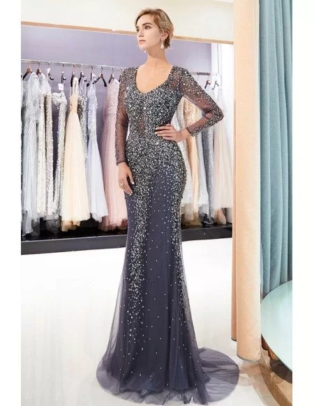 Luxury Sequin Sweetheart Tulle Formal Dress With Long Sleeves