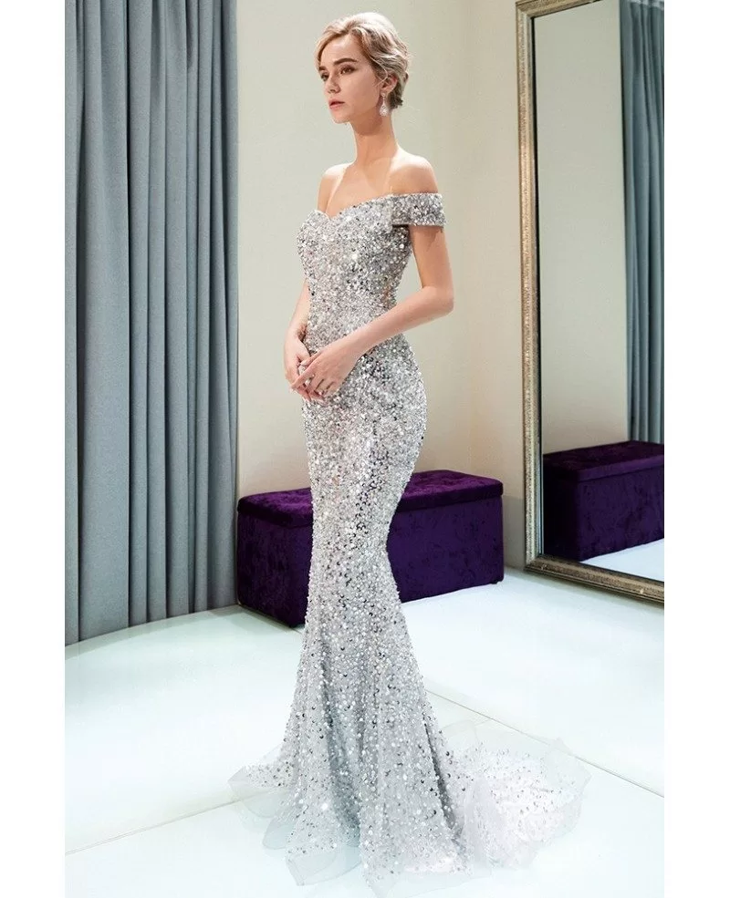 Silver Sequin Off-the-shoulder Long Train Prom Gown - Promfy