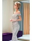 Luxury Sparkly Silver Mermaid Long Prom Dress With Off Shoulder Straps