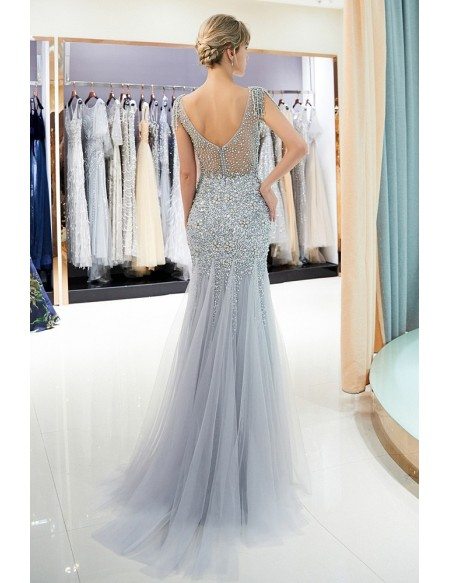 Sparkly Grey Long Tulle Fitted Prom Dress With Sequin Bodice