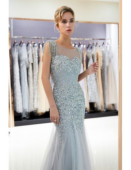 Sparkly Grey Long Tulle Fitted Prom Dress With Sequin Bodice