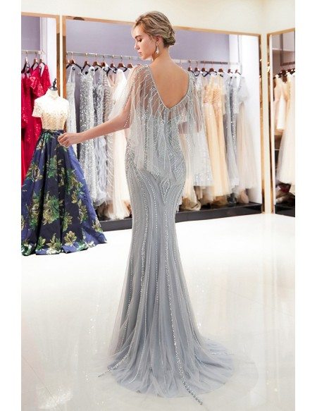 Silver Mermaid Long Beading Tulle Prom Dress With Cape Sleeves