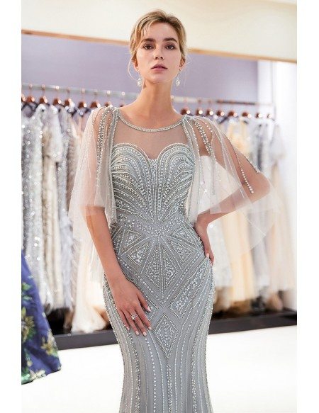 Silver Mermaid Long Beading Tulle Prom Dress With Cape Sleeves