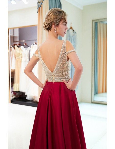 Cold Shoulder Burgundy Open Back Satin Evening Gown With All Beading Bodice