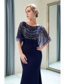 Fitted Mermaid Navy Blue Long Party Dress With Beading Cape Sleeves