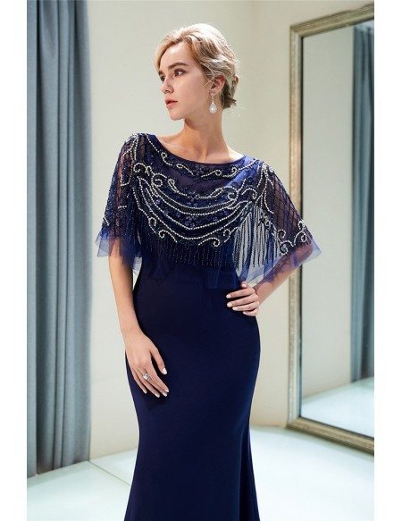 Fitted Mermaid Navy Blue Long Party Dress With Beading Cape Sleeves