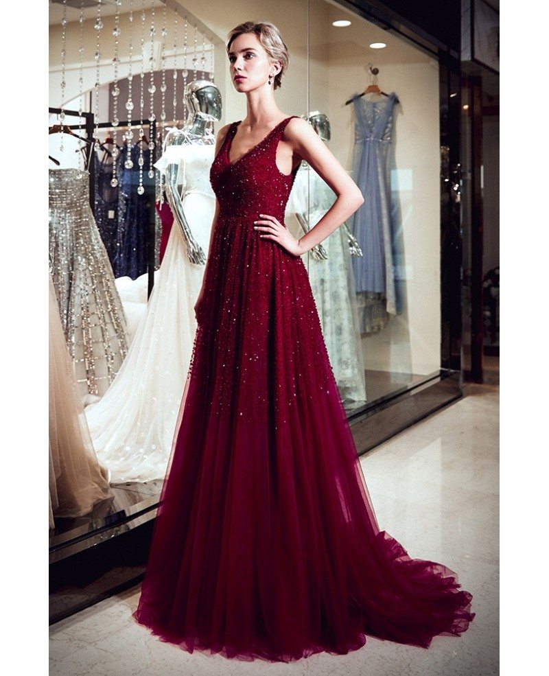 Elegant A Line V Neck Burgundy Sequin Evening Dress With Train #F021 ...