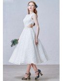 Chic A-Line Scoop Neck Tea-Length Lace Wedding Dress With Beading
