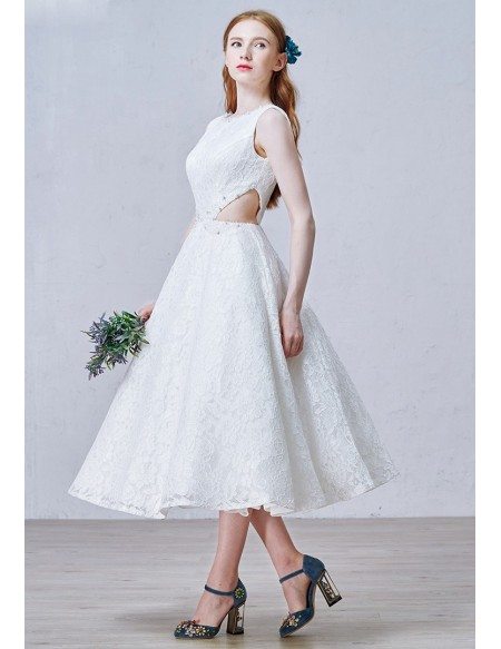 Chic A-Line Scoop Neck Tea-Length Lace Wedding Dress With Beading